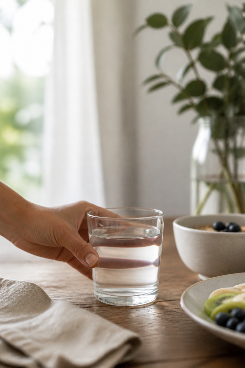 Glass of water being placed on a breakfast table